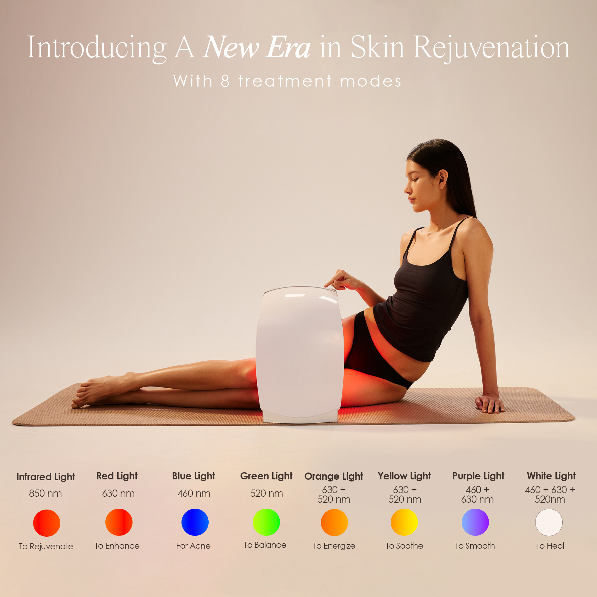 Woman with LumaLux Dome at-home LED light therapy device featuring 8 treatment wavelengths for acne and anti-aging.